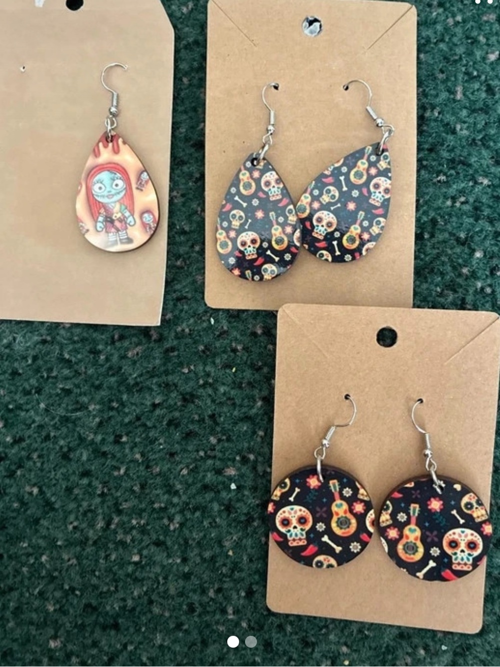 Halloween Sugar Skull Earrings - Black Patterned Drop, Set of 2
